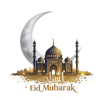 Eid mubarak greetings with mosque and moon png