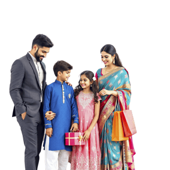 A family in indian attire standing together with gifts png