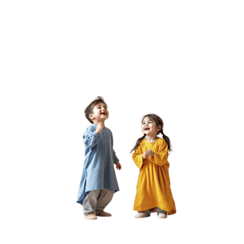 Two children in traditional clothing standing on a black background png