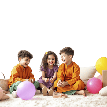 Three children in colorful outfits sitting on the floor with balloons png
