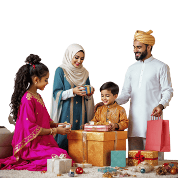 A family is standing around a gift box with presents png