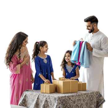 A family is standing around a table with boxes png