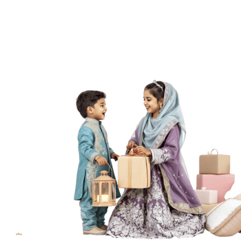 A boy and girl in traditional clothing holding gifts png