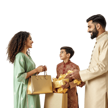 A family is standing with gifts and a man is holding a gift bag png