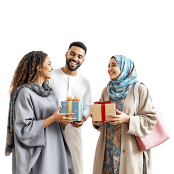 Three muslim people holding gifts png