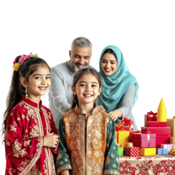 A family with presents and a woman in traditional clothing png