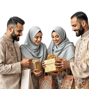 Three muslim people holding gift boxes and looking at each other png