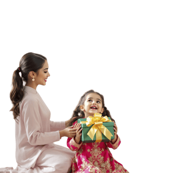 A woman and a child are sitting on a black background holding a gift box png