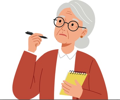 Thoughtful elderly woman with glasses holding a notepad and pen in a minimal flat illustration vector