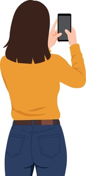Woman with dark hair in a yellow sweater taking a selfie with a smartphone in a flat illustration vector