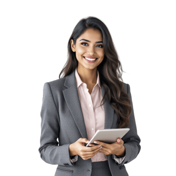 A business woman in a suit holding a tablet png