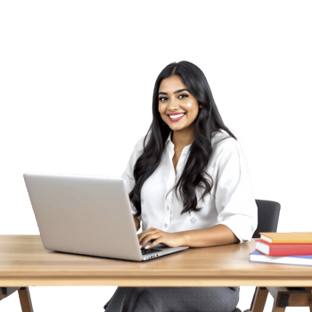 A woman sitting at a desk with a laptop png