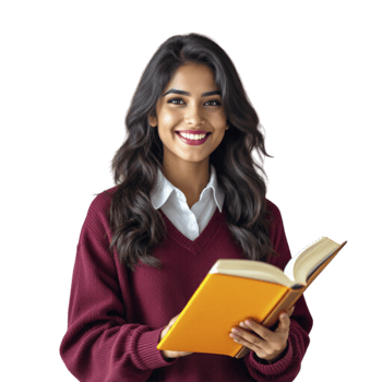 A smiling young woman holding an open book png
