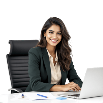 A smiling woman in a business suit sitting at a desk with a laptop png