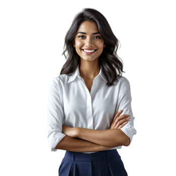 A woman in a white shirt and blue skirt png