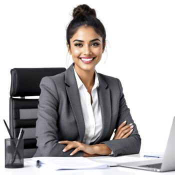 A smiling business woman sitting at her desk png