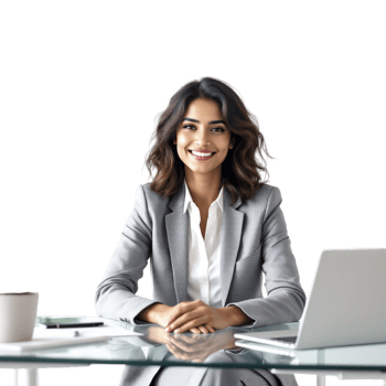 A woman in a business suit sitting at a table with a laptop png
