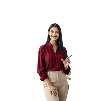 A woman in a maroon shirt and khaki pants is holding a clipboard png