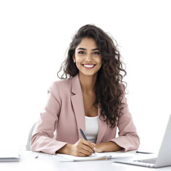 A smiling woman in a business suit sitting at a desk png
