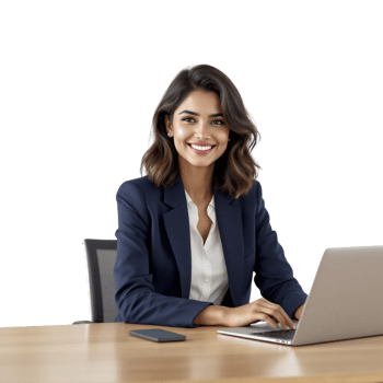 A woman in a business suit sitting at a desk with a laptop png