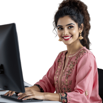 A woman in a pink shirt is smiling while using a computer png