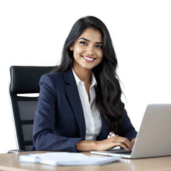 A smiling business woman sitting at a desk with a laptop png