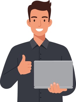 A young man with dark hair smiling and giving a thumbs up while holding a laptop in a flat illustration style vector