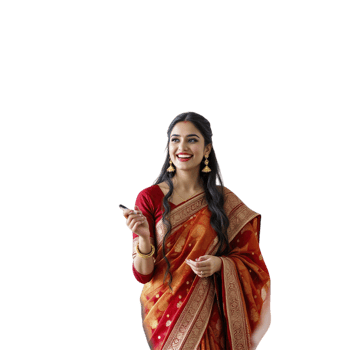 Indian woman in traditional sari holding a mobile phone png