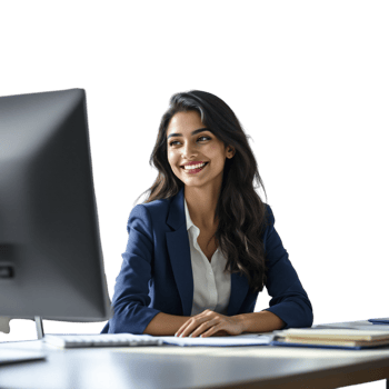 A woman in a business suit sitting at a desk png