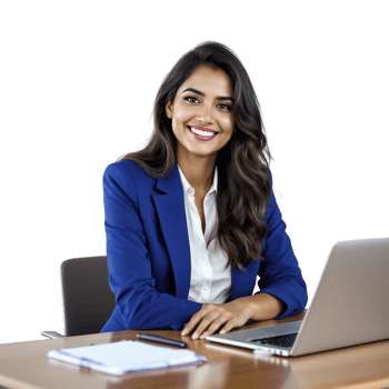 A smiling woman in a business suit sitting at a desk with a laptop png