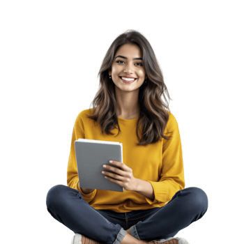 A woman sitting on the floor with a tablet computer png