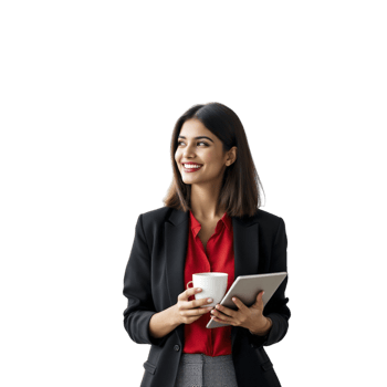 A business woman holding a tablet and looking at the camera png
