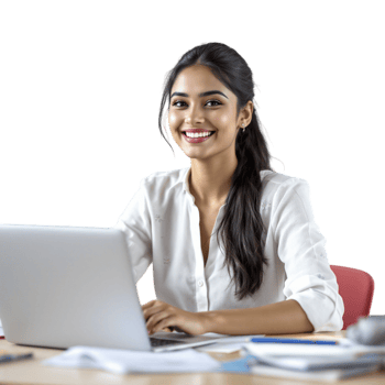 A woman sitting at a desk with a laptop png