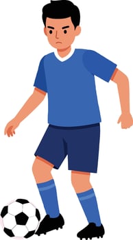 Young male soccer player in blue uniform skillfully dribbling a black and white ball in a flat, colorful illustration vector