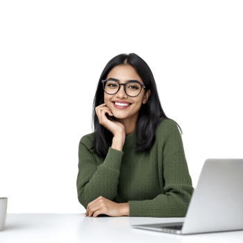 A woman in glasses sitting at a table with a laptop png
