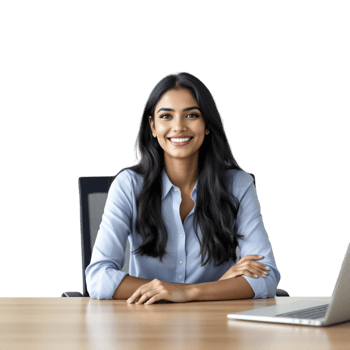 A smiling woman sitting at a desk with her laptop png