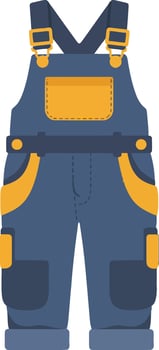 Blue overalls with yellow accents in a flat design style showcasing pockets and straps, ideal for work or casual wear illustration vector