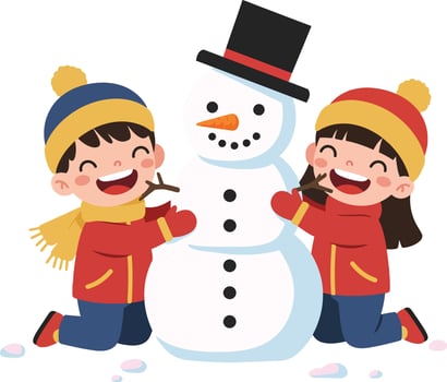 Two cheerful children wearing colorful winter clothing joyfully building a snowman in a snowy landscape, flat illustration vector