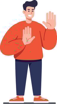 Cheerful young man wearing a red sweater and blue pants gesturing with open hands in a minimal flat illustration vector