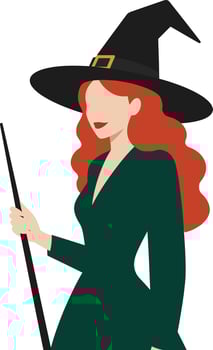 Enchanting witch character in a green dress with a black hat holding a wand in a whimsical flat illustration vector