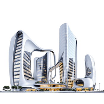 A futuristic building with curved glass windows png