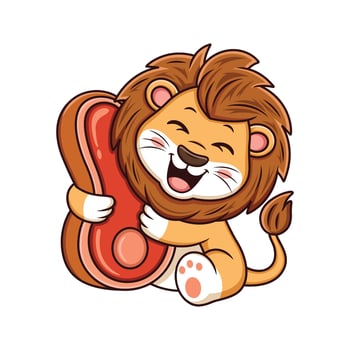 Cute cartoon lion huge with meat. Mascot illustration isolated on white background vector