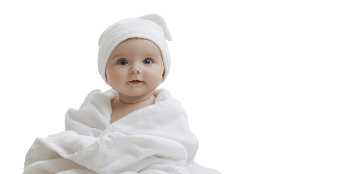 Happy joyful baby in white blanket towel transparent , isolated background cutout. Smiling toddler in cozy soft sheets png
