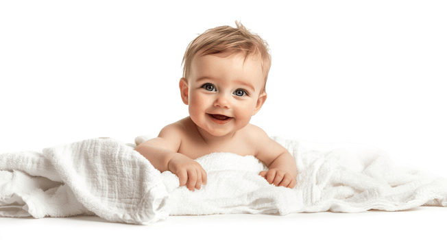 Happy joyful baby in white blanket towel transparent , isolated background cutout. Smiling toddler in soft bed sheets png