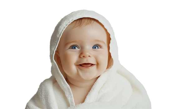 Happy joyful baby in white blanket towel transparent , isolated background cutout. Smiling toddler in cozy soft bed sheets png