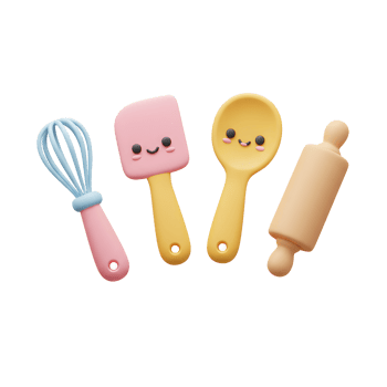 Cute Baking Utensils with Faces Whisk Spatula Spoon Rolling Pin Render png