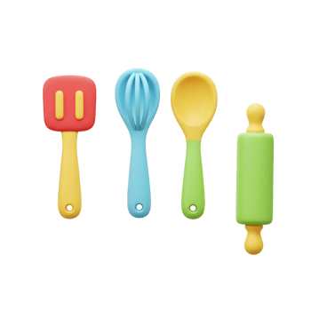 Colorful Kitchen Utensils Illustration Spatula Whisk Spoon and Rolling Pin png
