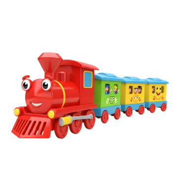 Toy Train with Smiling Carriages and Playful Passengers for Kids Fun png