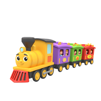Colorful Toy Train with Smiling Face and Little People Passengers png