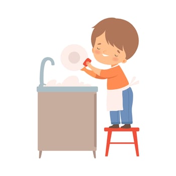 Little Boy Washing Dishes on His Own Illustration vector